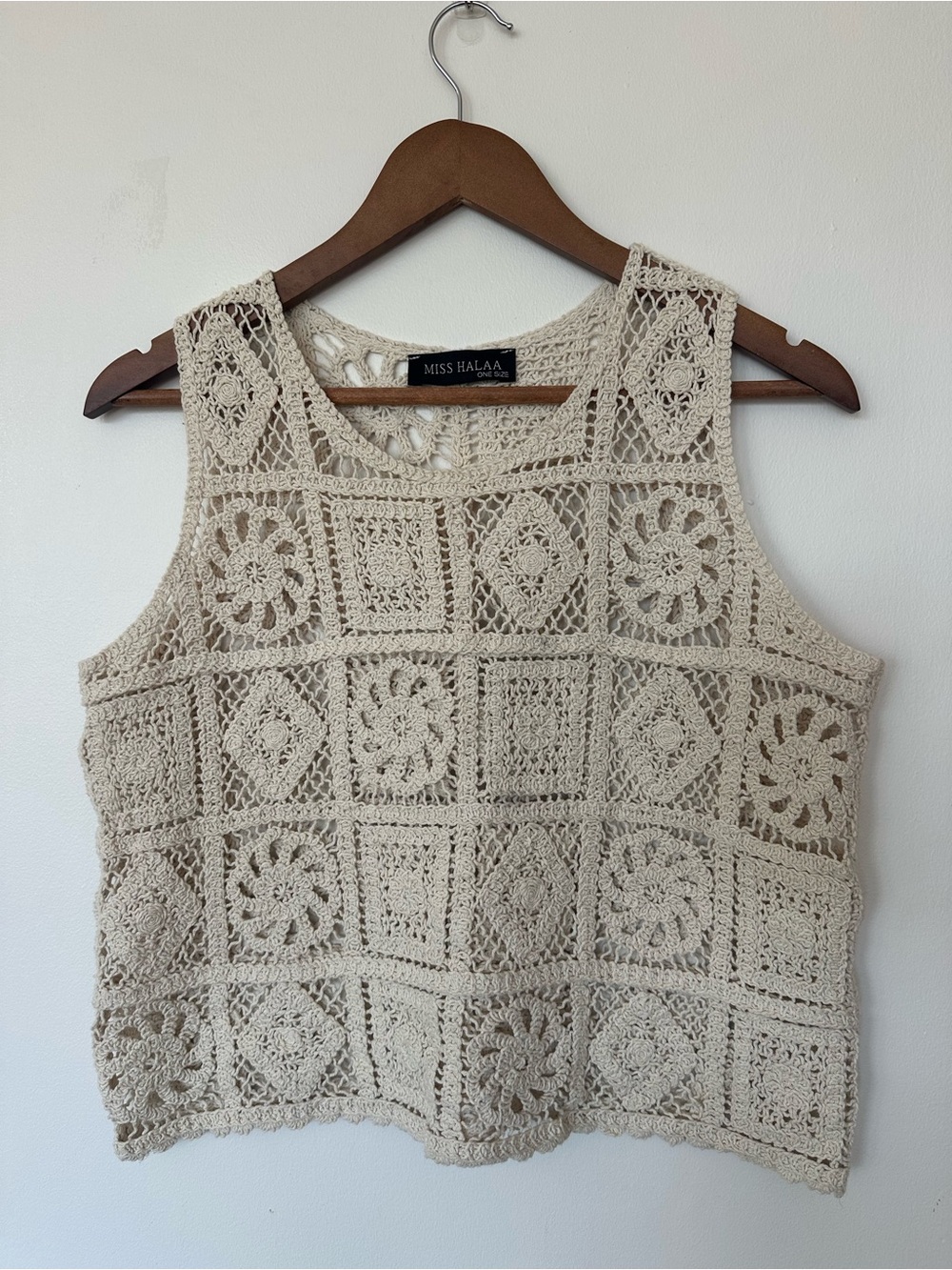 Boho Crochet Tank Top Beige Open Knit Festival Cottagecore OS